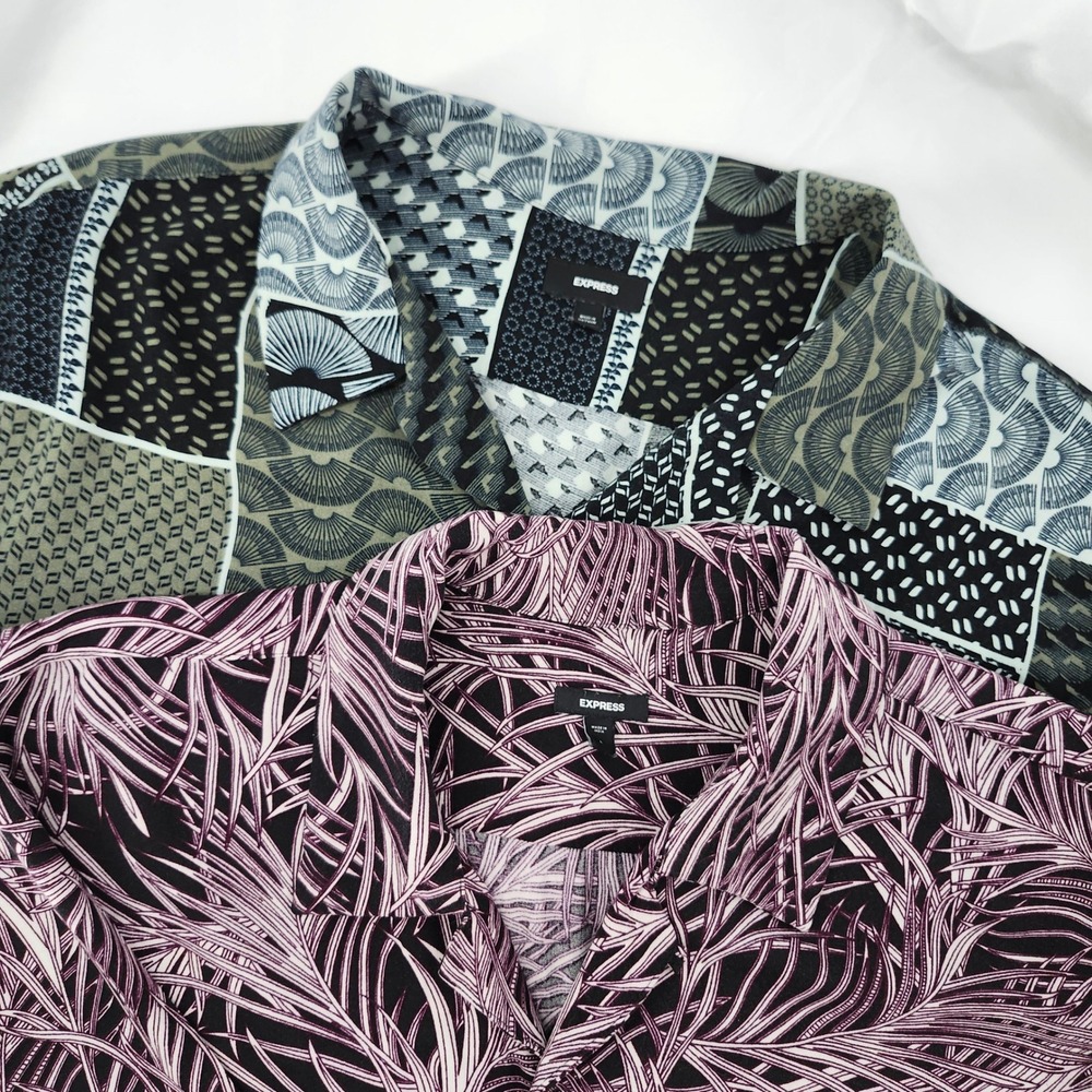 Express Mens Vegas Cabana Camp Shirts Lot 2 Size L Purple Palm Green Geometric